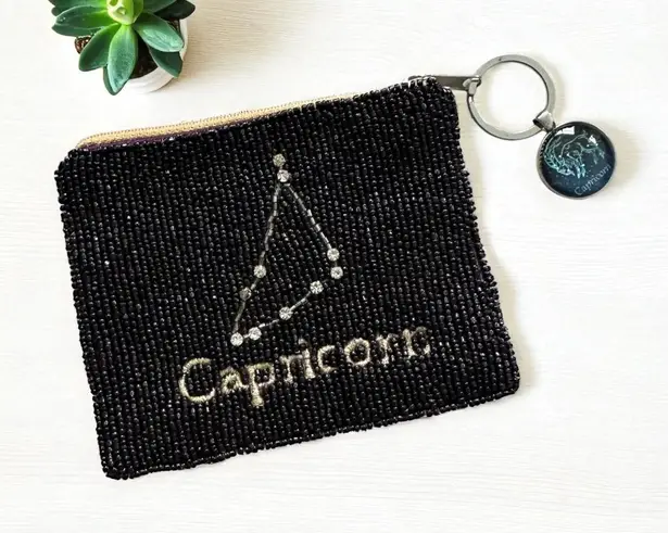CAPRICORN Beaded Zodiac Astrology Zip Coin Purse Black