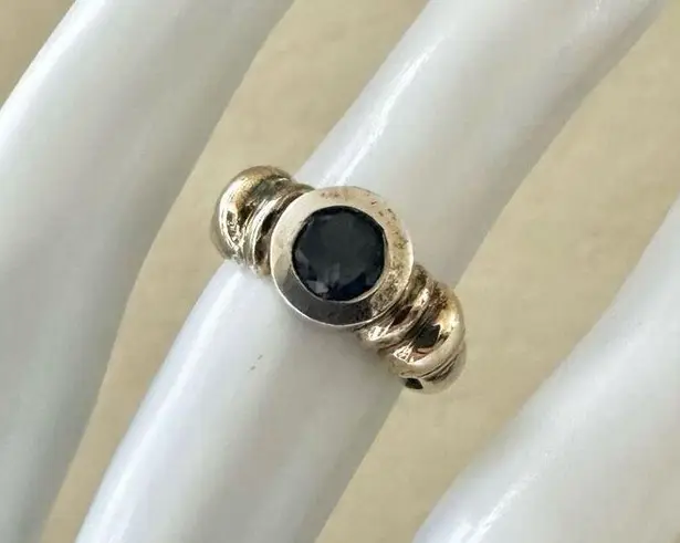 Unique Sterling Silver & 14K Gold Ring with Blue Faceted Stone