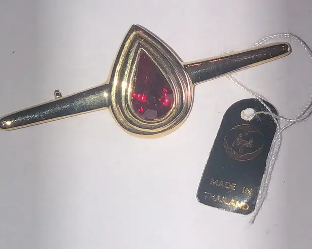 Angel Brand Elegant Vintage Gold Tone and Red Rhinestone Teardrop Brooch