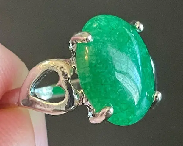 Green jade silver heart ring size 8.75