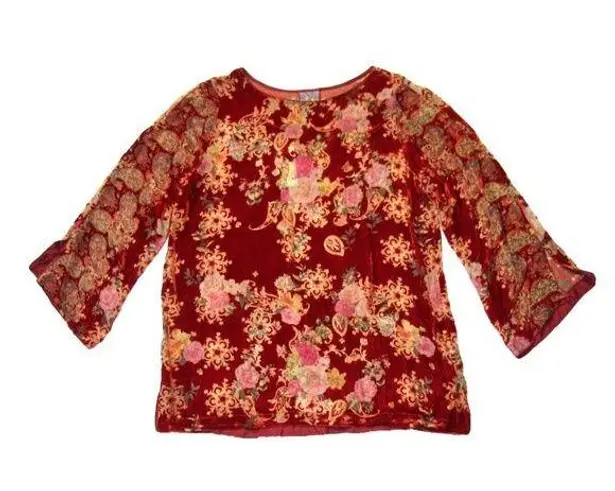 Johnny Was NWT Paisley Kimi Tunic in Red Floral Sheer Velvet Burnout Top XL