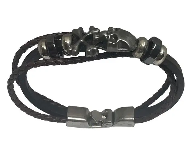 Steeltime ☠︎︎ Skull Crossbones Braid Multi Wrap Leather ☠︎︎ Black Brown ☠︎︎