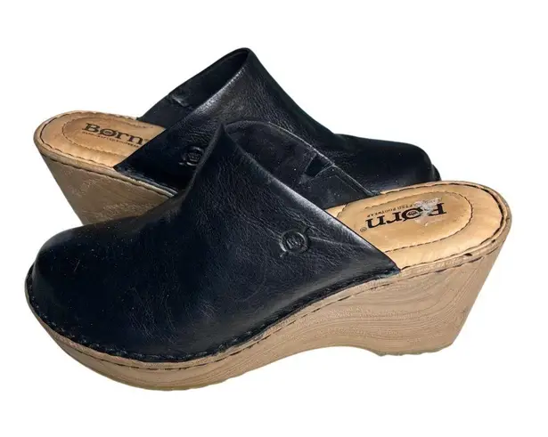 BORN Natalie Black Leather Clog Comfort Shoes Wedge Platform Womens Size 8 M