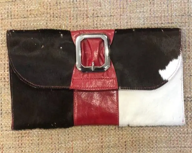 BLACK & WHITE Clutch with Red Leather Belt Accent Silver Buckle