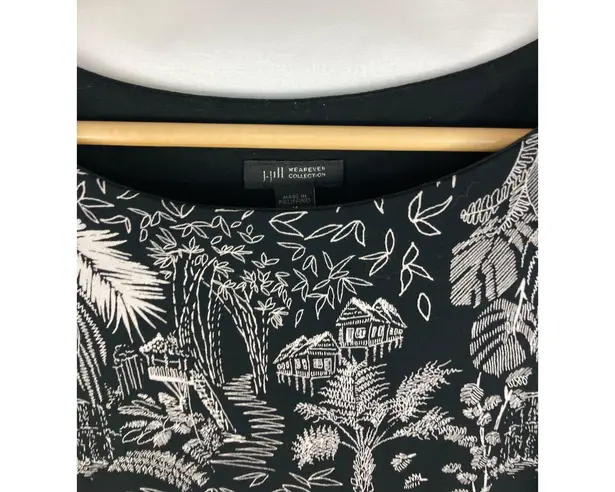 J Jill Wearever Tropical Bayou Tiki Print Sleeveless Dress Black White Medium