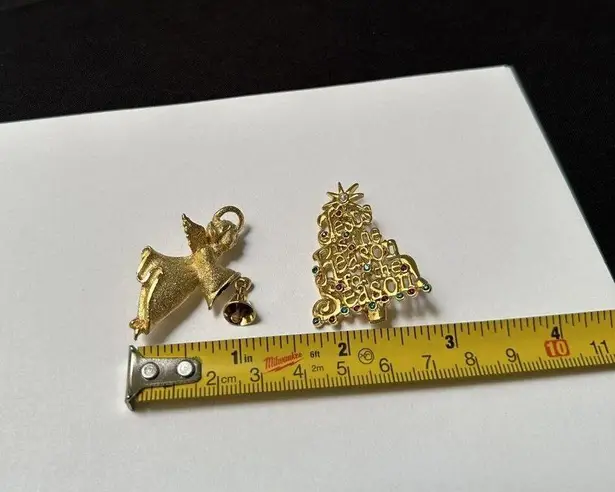 Lot Of 2 Brooch Pins Angel & Christmas Tree Jesus Is The Reason For The Season Gold