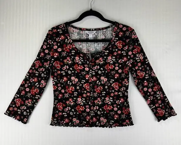 Arizona Jeans Arizona Jean Co. Black Floral Print Button Down Blouse Size Medium Ruffle Hem