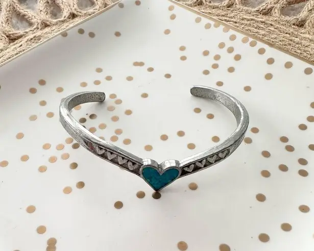 EGE ‘89 Silver Pewter Turquoise Heart Pointed Slip On Slim Bracelet Cuff Western