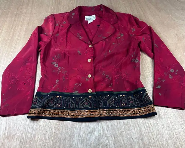 Karin Stevens Vintage Red Floral Button Down Blouse Top Sz 10 Made in USA