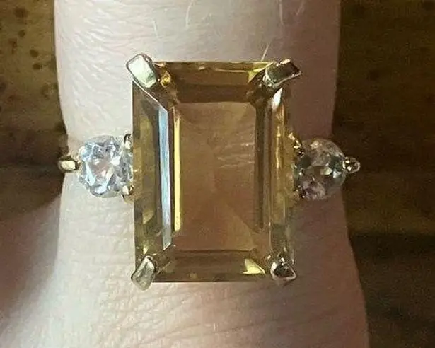 Emerald Cut Brazilian Citrine White Topaz Sterling Silver Ring Gold