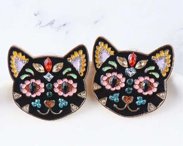 Boutique New Dia De Los Muertos Day of the Dead Rhinestone Black Cat Earrings