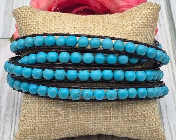 Victoria Emerson Blue Turquoise Stone Beads Brown Leather Cord Wrap Bracelet 36"