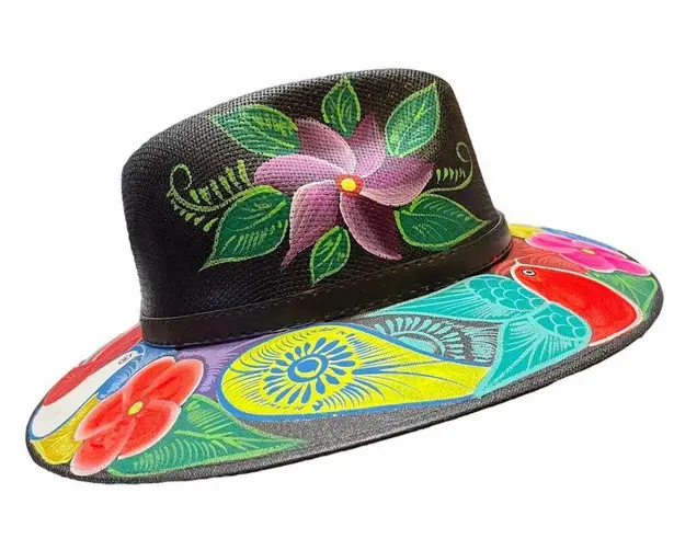HAT MEXICAN Artisanal Hand Painted Fedora Floral Sombrero Panama Bohemian Black