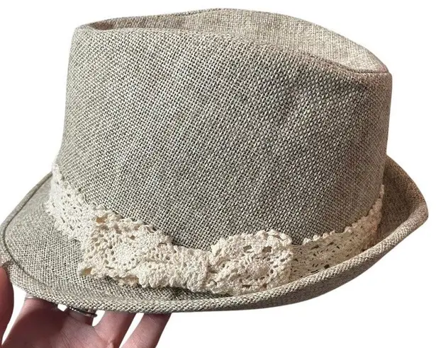 UNBRANDED Straw Lace Trim Tan White Fedora Hat OSFA