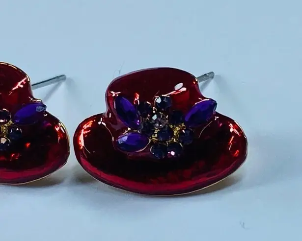 Red Hat Women Pierced Earrings Pair Purple Flower Accent Stones Sparkle Shine