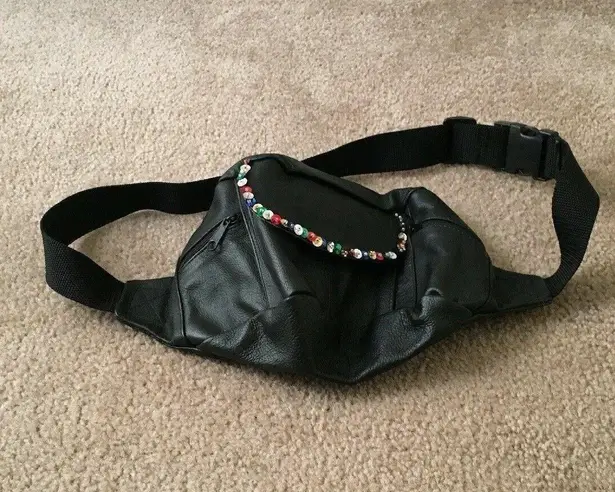 Genuine Leather Fanny Pack Waist Bag Adjustable With Colorful Gemstones Black