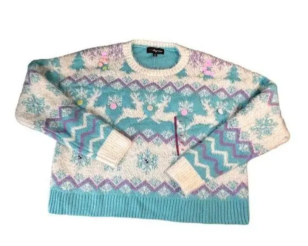 33 Degrees Sweater Women XXL Blue White Knit Christmas Sequins Winter Wonderland