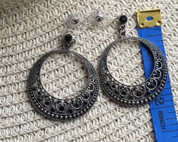Awesome Hoop Dangle Pierced Earrings W Black Sparkly Rhinestones Silver