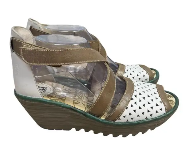 Fly London White Brown Cutout Leather Wedge Sandals Women’s Size 40 US 8-8.5