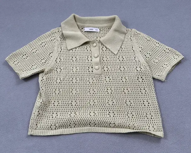 MNG Mango Womens Open Knit Cropped Polo Top S Beige Crochet Short Sleeve Button Tan