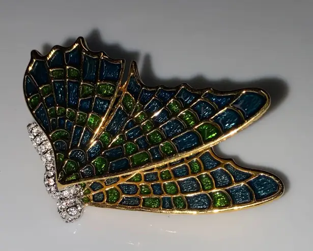 Kenneth J Lane Vintage KJL Goldtone Metal Butterfly Brooch 3d Wings Green Enamel Rhinestone 