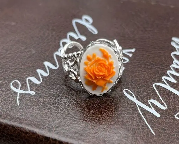Neon Orange Rose Floral Oval Cameo Silver Stainless Steel Open Back Ring