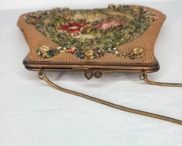 Vintage 50s Floral Tapestry Stitch Seed Bead Purse Handbag Top Handle Brown