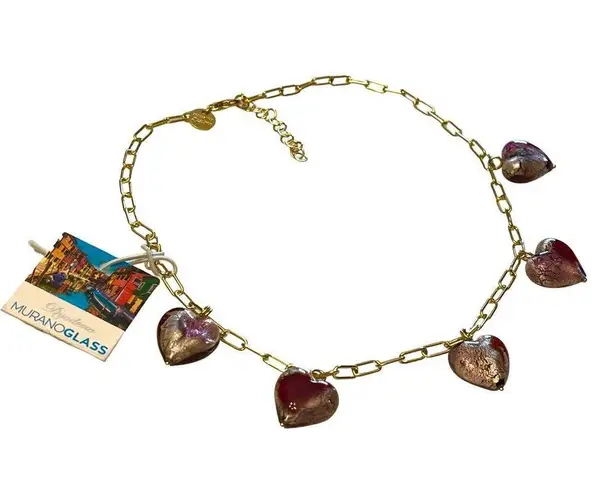 NEW Venetian Murano Glass HEARTS NECKLACE Silver Foil Dyadema Made In Italy NWT Gold