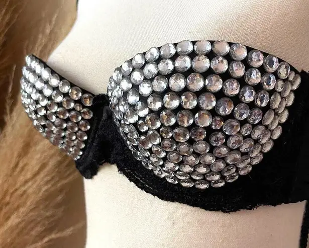 Handmade  Rhinestone Studded Black Lace Mesh Strapless Bra Bustier Women Size 32B