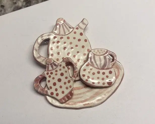 Hand Made Hand Crafted Ceramic Brooch Pin Pink Tea Set Hand Painted