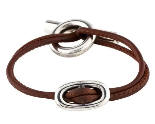 Hermès Hermes Brown Leather Skipper Sterling Silver Bracelet