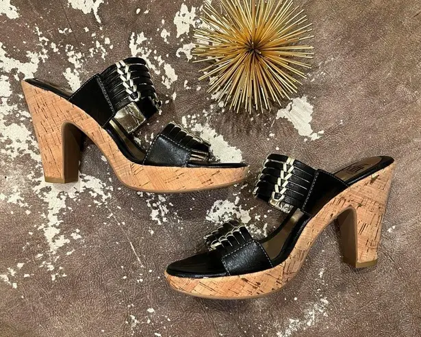 Sofft Shoes Fayann Slide Heel Sandal Black Leather Gold Metallic Cork Heel Size 7