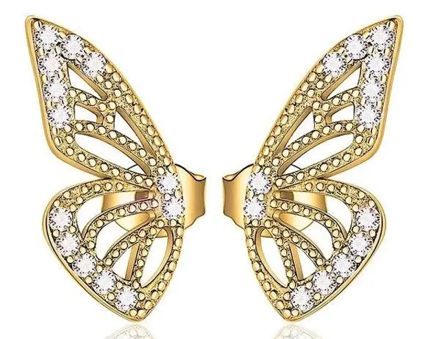 Boutique NEW Gold Plated S925 Half Butterfly Mismatch Diamond Simulate Stud Earrings 0.5”