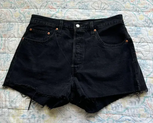 Levi's 501 Black Distressed Denim High Rise Button Fly Cutoff Jean Shorts 31