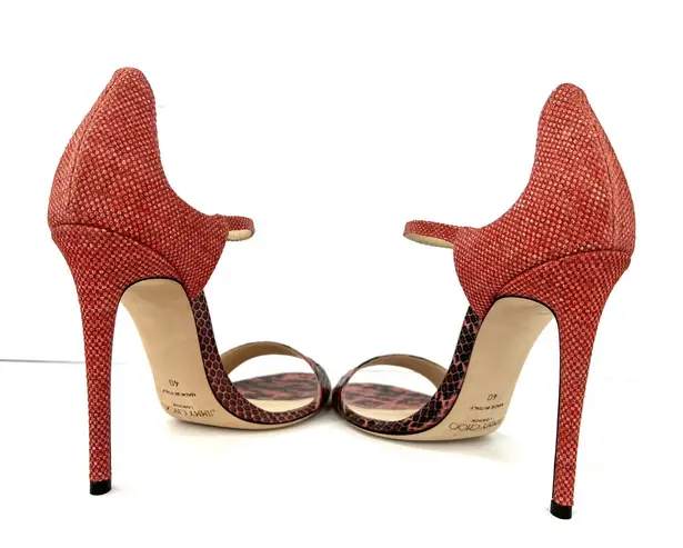 Jimmy Choo Moxy Coral Pink Elaphe Raffia Heel Ankle Strap Sandals Size EU 40
