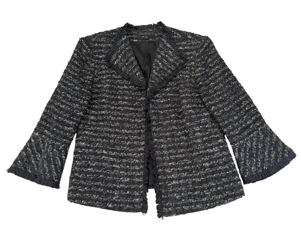 Lafayette 148 Black Tweed Blazer Jacket Open Front Women's 14 Metallic Fringe Black
