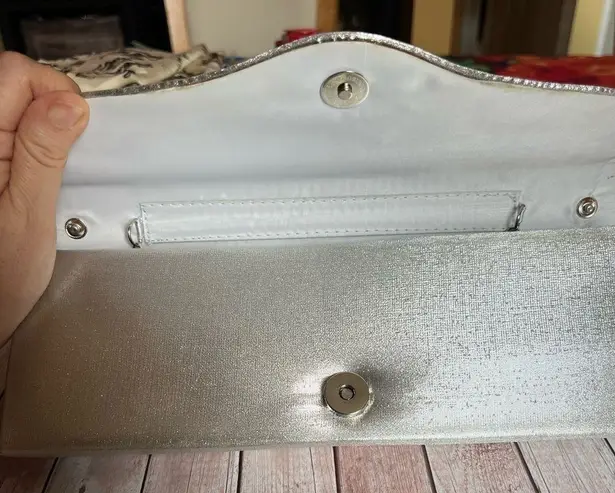 Silver Satin clutch with 2 detachable handles and rhinestone decor