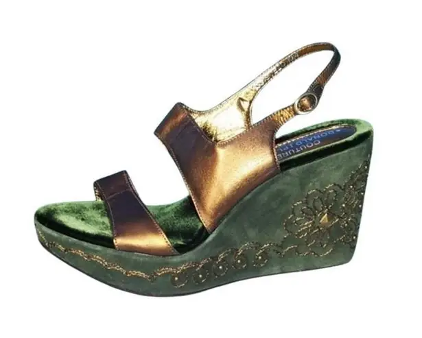 Donald Pliner Metallic Leather Shoe Platform Wedge Suede Embroidery $275 NIB Gold Size 10