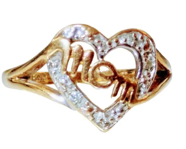 10KP (PLUM) Solid Yellow Gold Womens Diamond Heart Mom 4.5 Ring 2.2 Grams