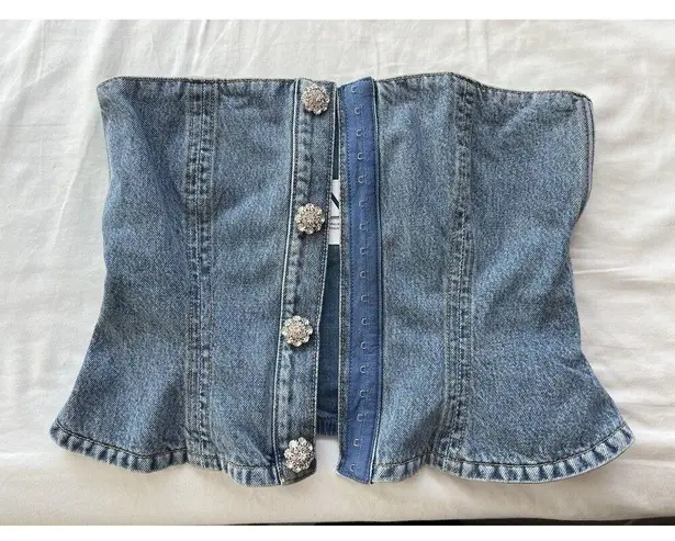 Ganni Rhinestone-Embellished Denim Bustier Blue Size 36 / US 4 Small