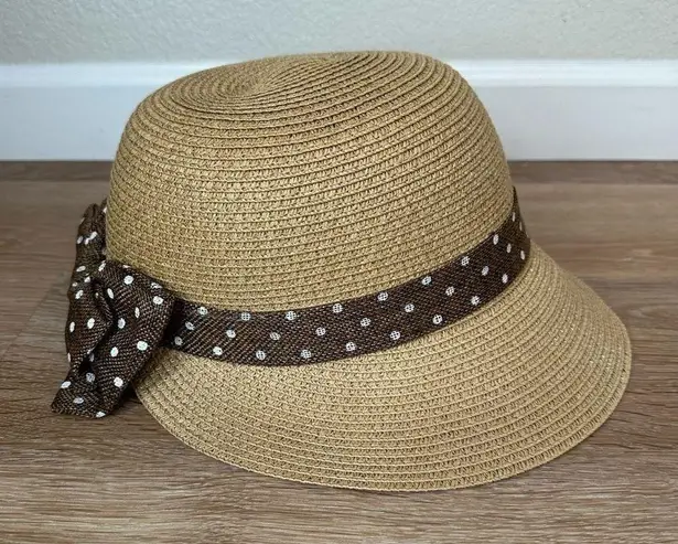 Nicole Marciano 100% Straw Split Brim Bow Polka Dot Summer Hat Tan