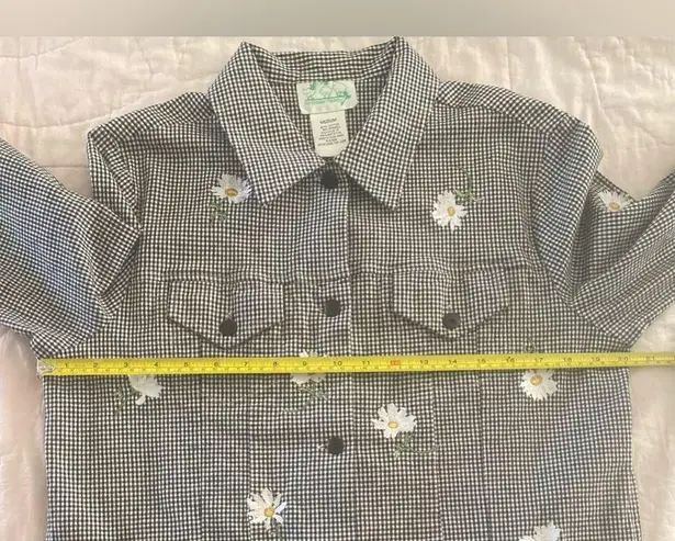 Quacker Factory Medium Gingham Jacket Black White Embroidered Daisy Button Up