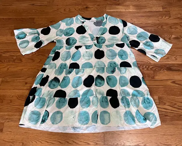 Tiered Dress Polka Dot Watercolor 3/4 Sleeve V Neck Casual Cute Fun Blue Size L