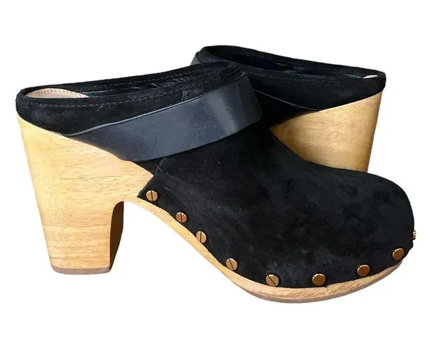 Veronica Beard Black Dacey Suede Heeled Clogs Size 7 Leather Boho Mules