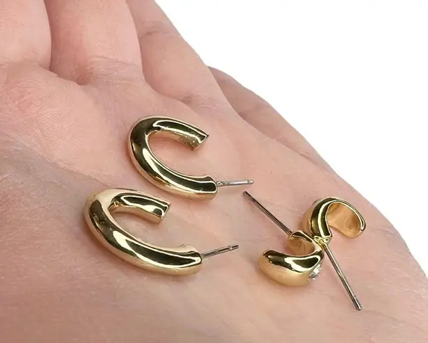 Shiny Gold Tone Huggie Hoops Rhinestone Pierced Earrings Set