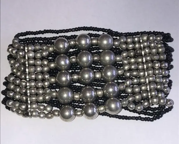 Silver Tone Black Seed Bead Boho Beaded Wide Stretchy Bracelet