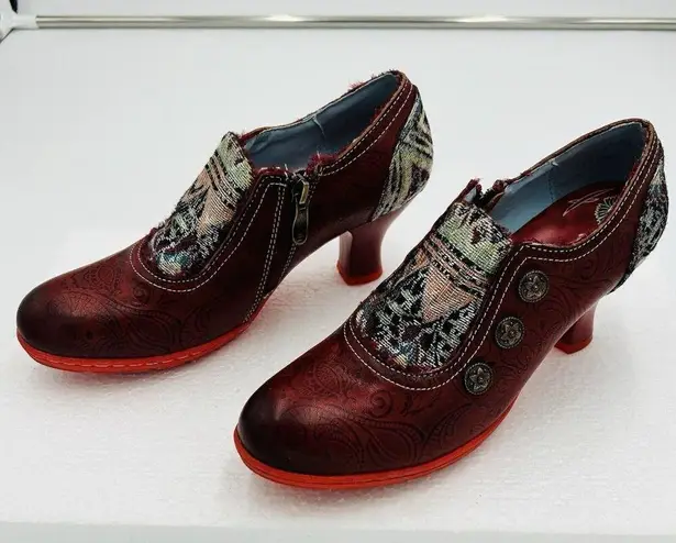 Socofy Size EU 38 US 7 Retro Classic Leather Tapestry Pump 2.5" Heels Shoes