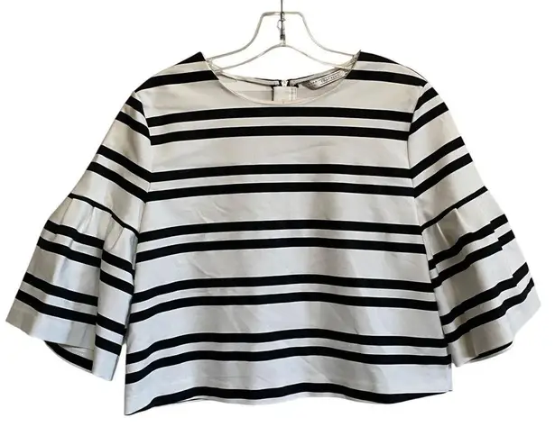 ZARA  Trafaluc Crop Top White Black Stripe Flared Sleeves L - EUC