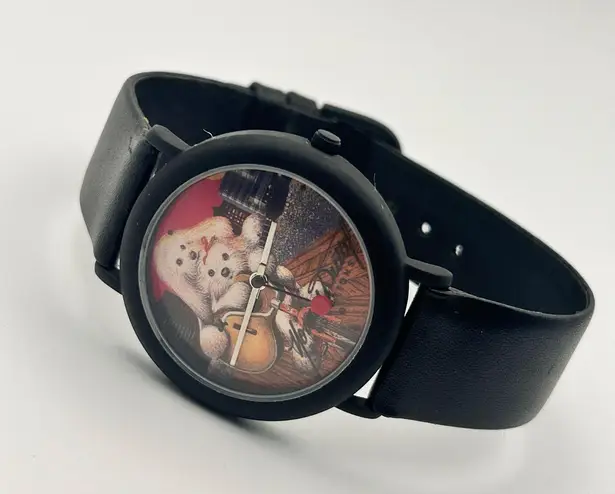 Cute Dogs with Guitar 38mm Black Leather Women’s Watch Working New Battery