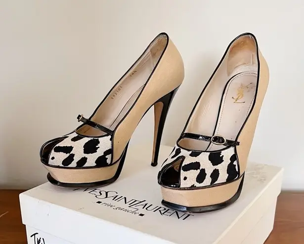YSL • Tribute 105 Pump canvas leopard Mary Jane heels patent leather platform Tan Size 7.5